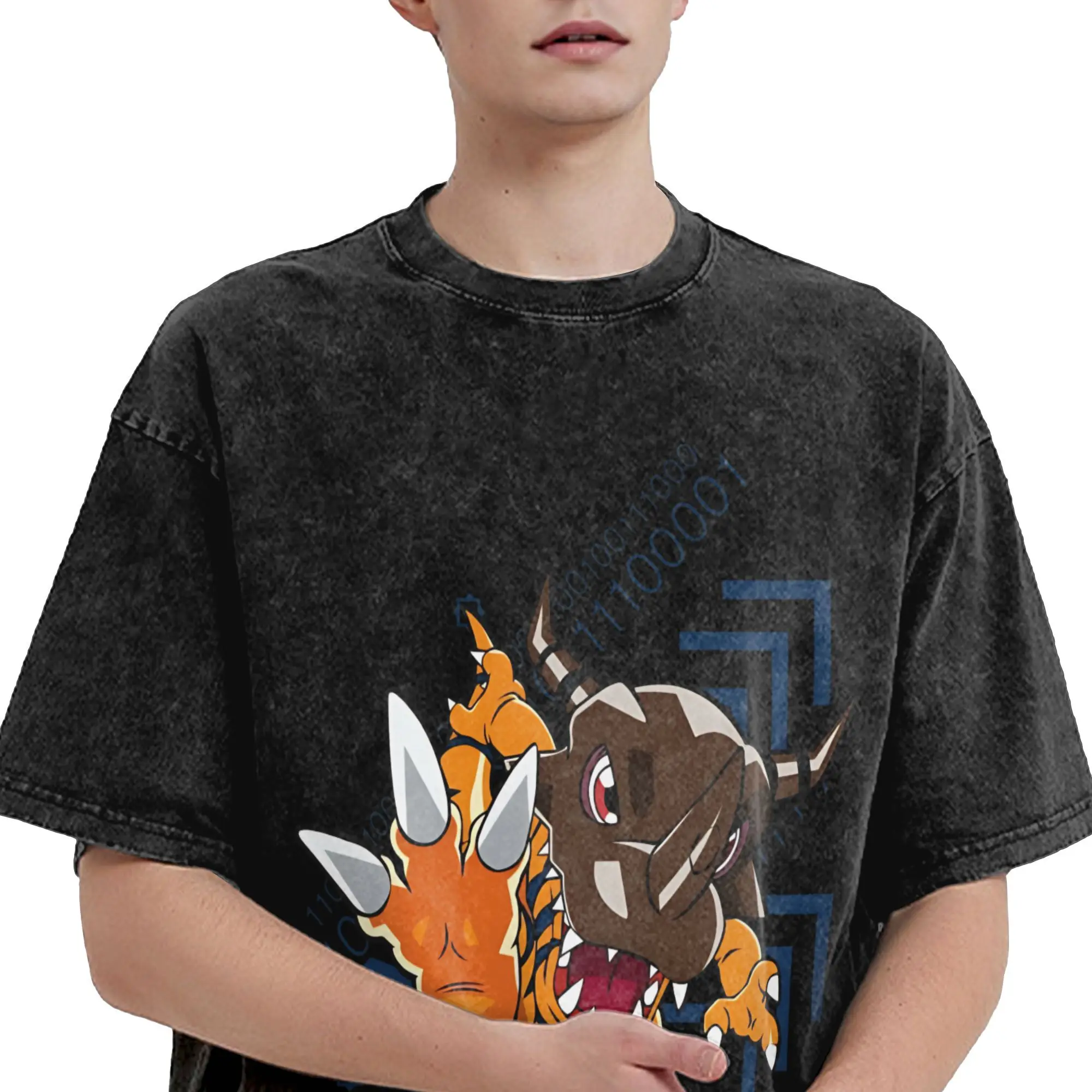Digital Monster Digimon adventure greymon  T Shirt Hip Hop Washed Short Sleeve T-Shirts Novelty for Men Women Streetwear