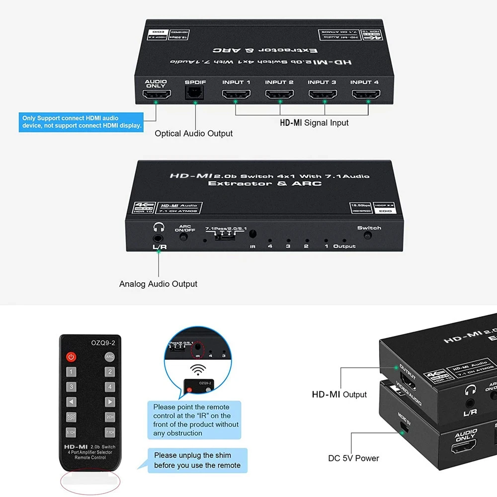 HDMI Audio Extractor 4K HD-MI SPDIF Converter 5.1 HDMI to HDMI to RCA Splitter Optic TOSLINK Switch Digital 7.1 HDMI Adapter