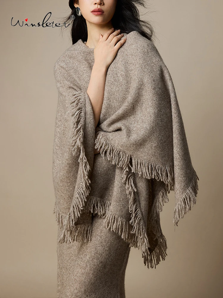 

Winsleter-49.6%Sheep Wool Elegant Shawl, Solid Tassel, Women Fashion Versatile Soft Lazy Knitted Cardigan, 2025 Autumn A5O045CC