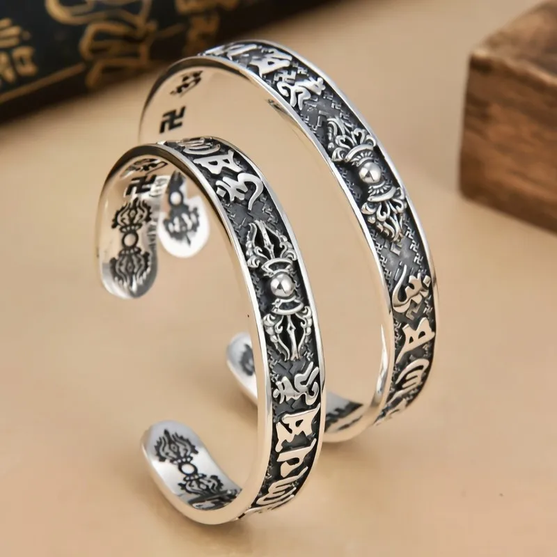 Men'S Silver Bracelet With Vajra Scepter And Six-Character Mantra, Vintage Ethnic Style
