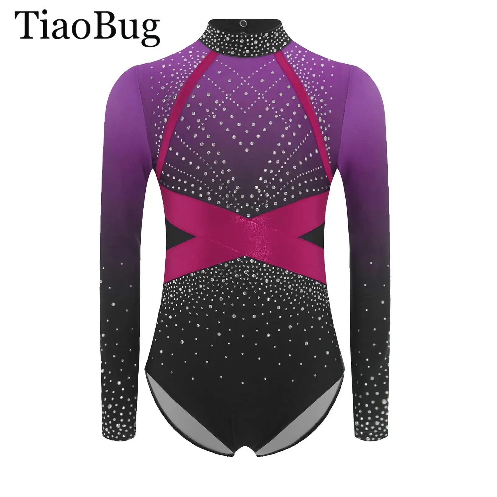 

Kids Girls Long Sleeve Ballet Dance Outfit Rhinestone Gymnastics Leotard Jumpsuit with Shorts Hairband Skating Yoga Unitard Suit