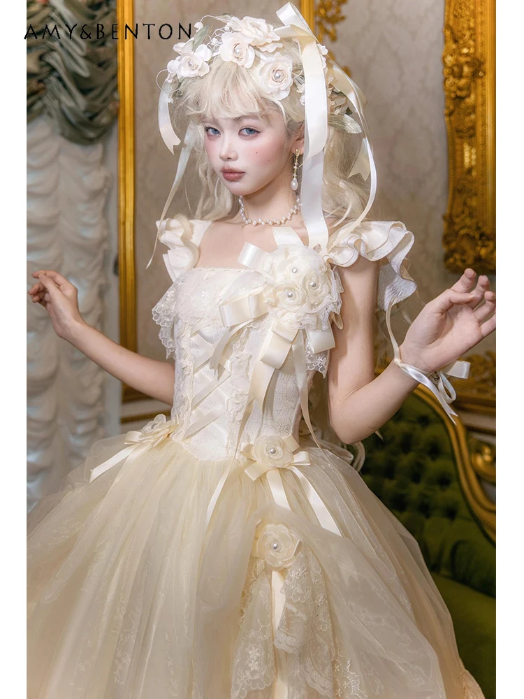 Abiti da sera Lolita eleganti di lusso leggeri Abito da compleanno per donna Abito da tutù in rete lunga sottile JSK con volant dolce stile fata