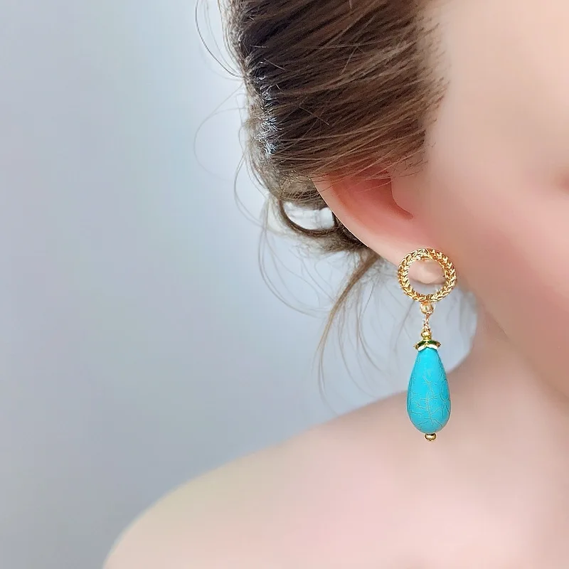 Europe and the United States cross-border optimization turquoise earrings Tibetan ethnic style earrings literary retro personali