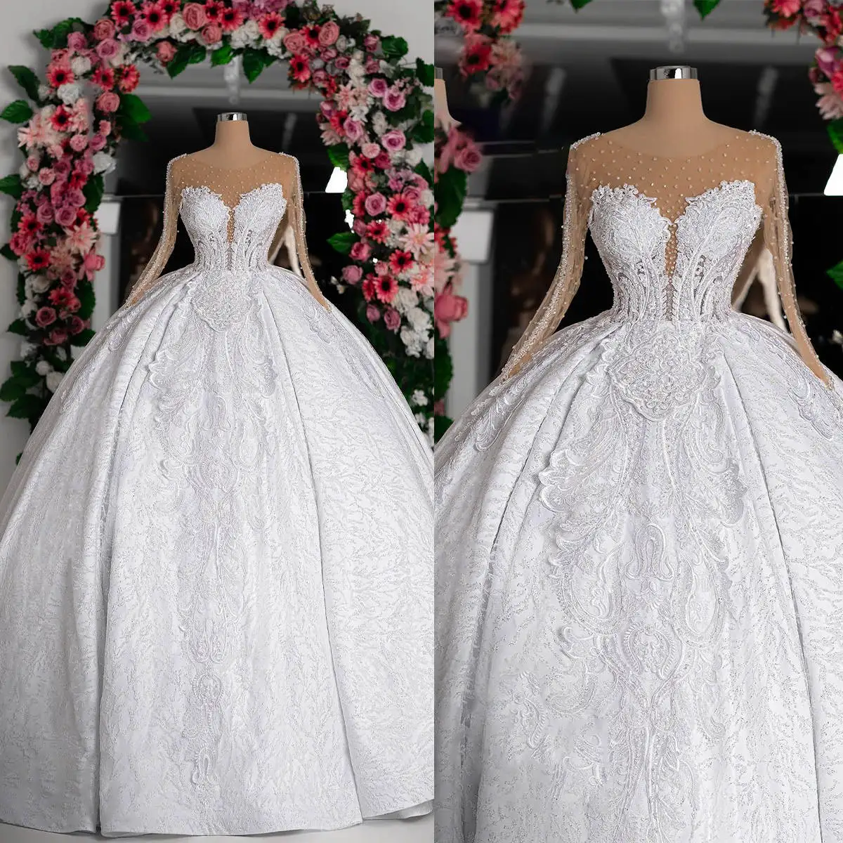 

Elegant Applique Ball Gown Wedding Dress Beaded Sequins Jewel Neck Bride Gowns Long Sleeve Sweep Train Ruffle Bridal Dresses