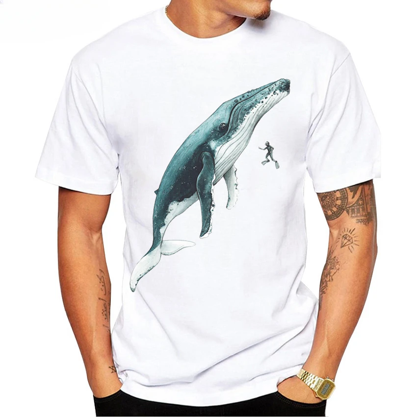 Whale Shark and Divers T-Shirt Diving with Sharks Memory Gift Men Summer Beach TShirt Funny White Casual Tees Hip Hop Tops