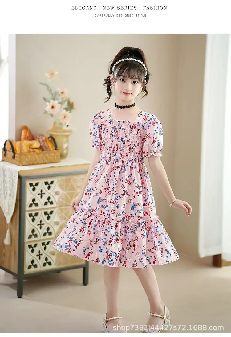 2024 estate bambino manica a sbuffo ragazze lungo adolescente bretella fiore quadrato chiffon a strati principessa slip dress party 8 10 12 anni