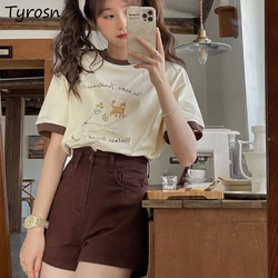 Retro Shorts Women Straight Daily Streetwear Trendy Brown Design Simple All-match Pure High Waist Summer Denim Ulzzang Students