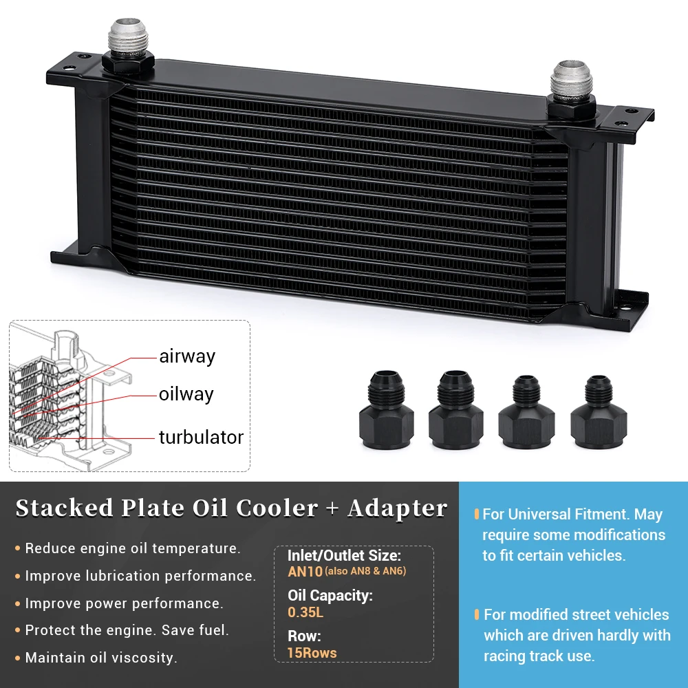WLR - Aluminum Universal Engine transmission AN10 Oil Cooler 15rows Black With AN10 to AN6 Fitting Adapter