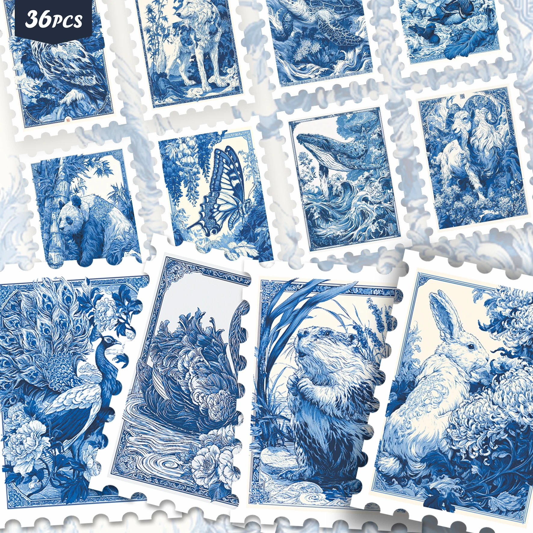 36PCS Antique Blue Oriental Nature Art Stickers, assorted vintage chinoiserie wildlife and floral patterns with classic blue ret