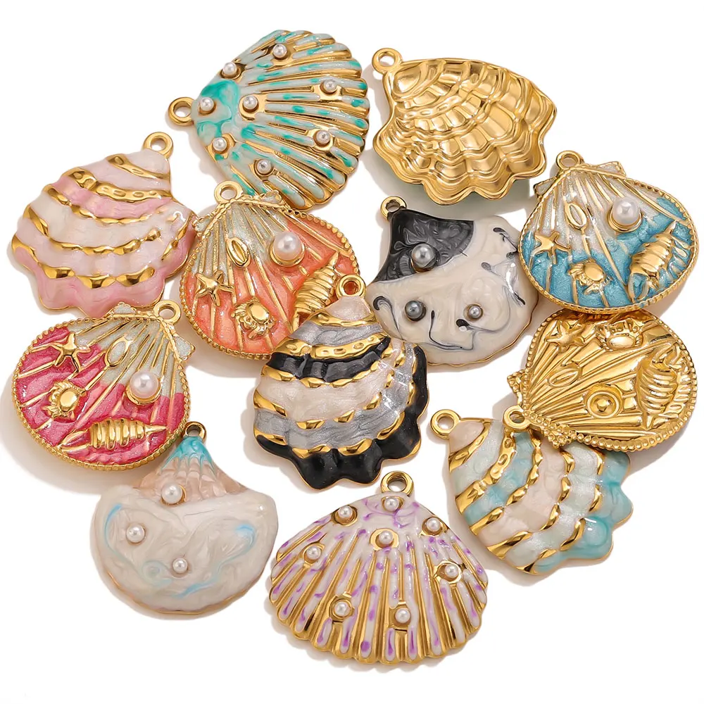 

2-3PCS Stainless Steel Summer Sea Charms Enamel Seashells Shell Pearl Pendant Connector Gold Jewelry Making Necklace Accessories