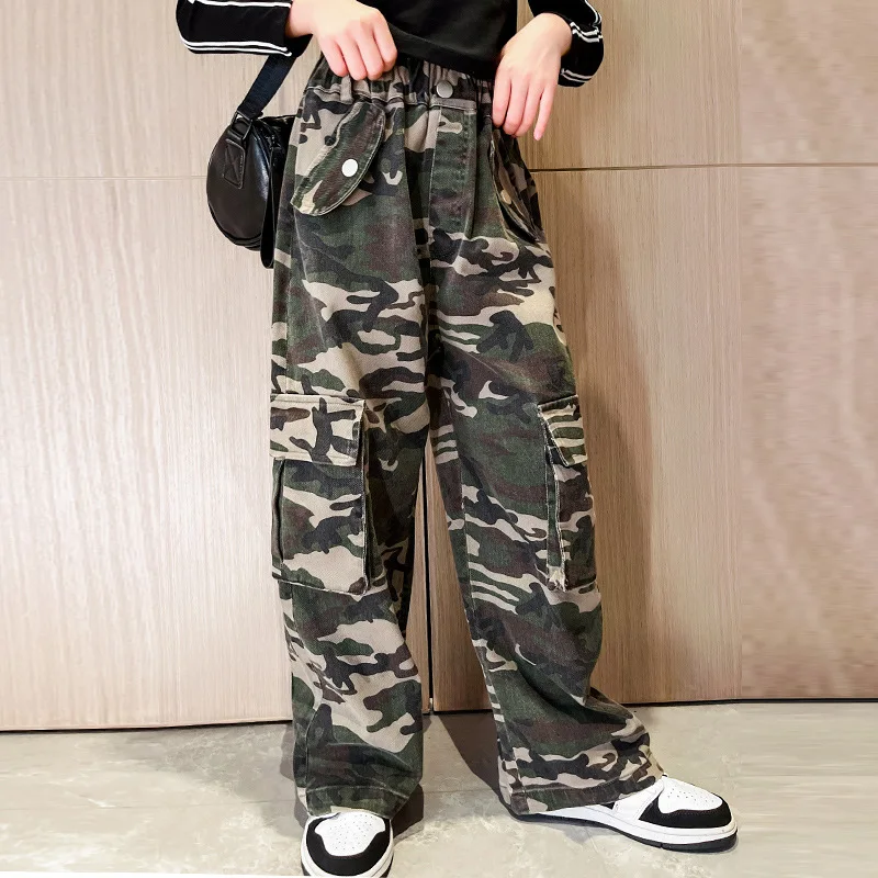 

Autumn Teenage Girls Cargo Pants Camouflage Sport Casual Trousers for Children Trendy Cool All-match Loose Kids Pants 12 13