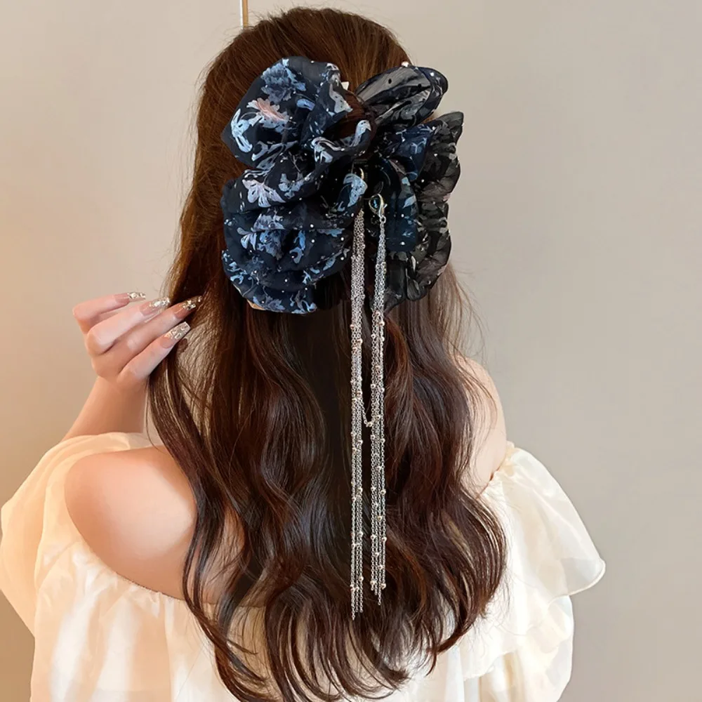 Horquillas con lazo de tela para mujer, cadena de diamantes de imitación de malla, Clip de agarre con borlas, accesorios para el cabello multicapa, Súper Hada dulce