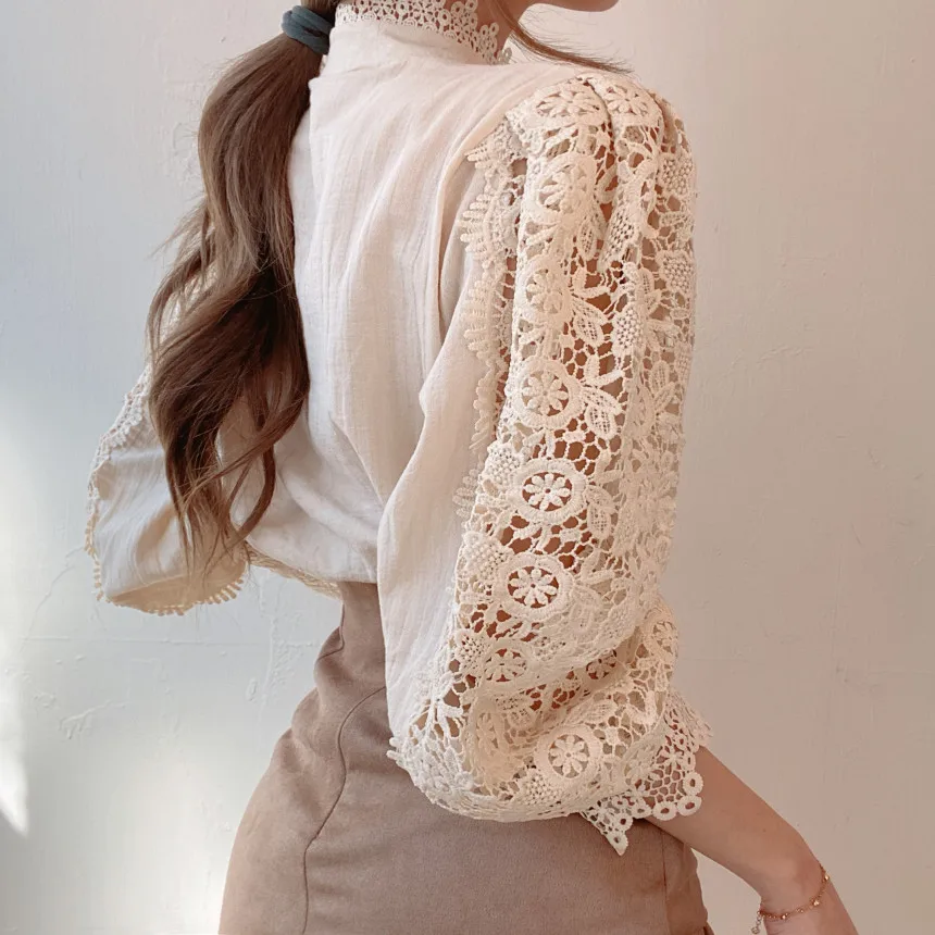 2023 Lente Herfst Lantaarn Mouw Bloemenblouse Vrouwen Lieve Uitgehold Kanten Shirt Dames Opstaande Kraag Casual Blouses Korte Tops