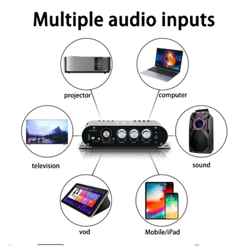 Y44A Mini Digital Power Audio Car Amplifier, Blue Light Stereo Amplifier, 200W X2 for Home Theater Club Party, Silver Durable