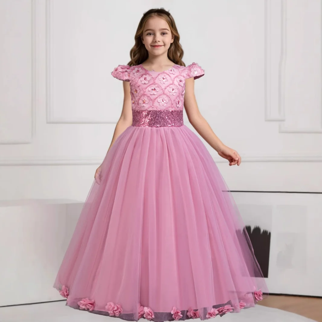 Girls' Summer New Decal Sequin Mesh Long Princess Dress Children's Day School Host Sweet and Fashionable Evening Dress