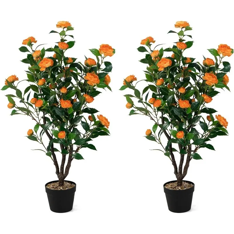 

40” Artificial Camellia Tree, 2 Pack Flower Plants, Faux Floral Plant Blooming Tree in Cement Pot, Greenery Potted Plant