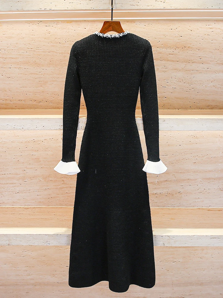 Vestido de malha de cintura alta da primavera, vestido longo f e com pérolas, estilo , manga crida