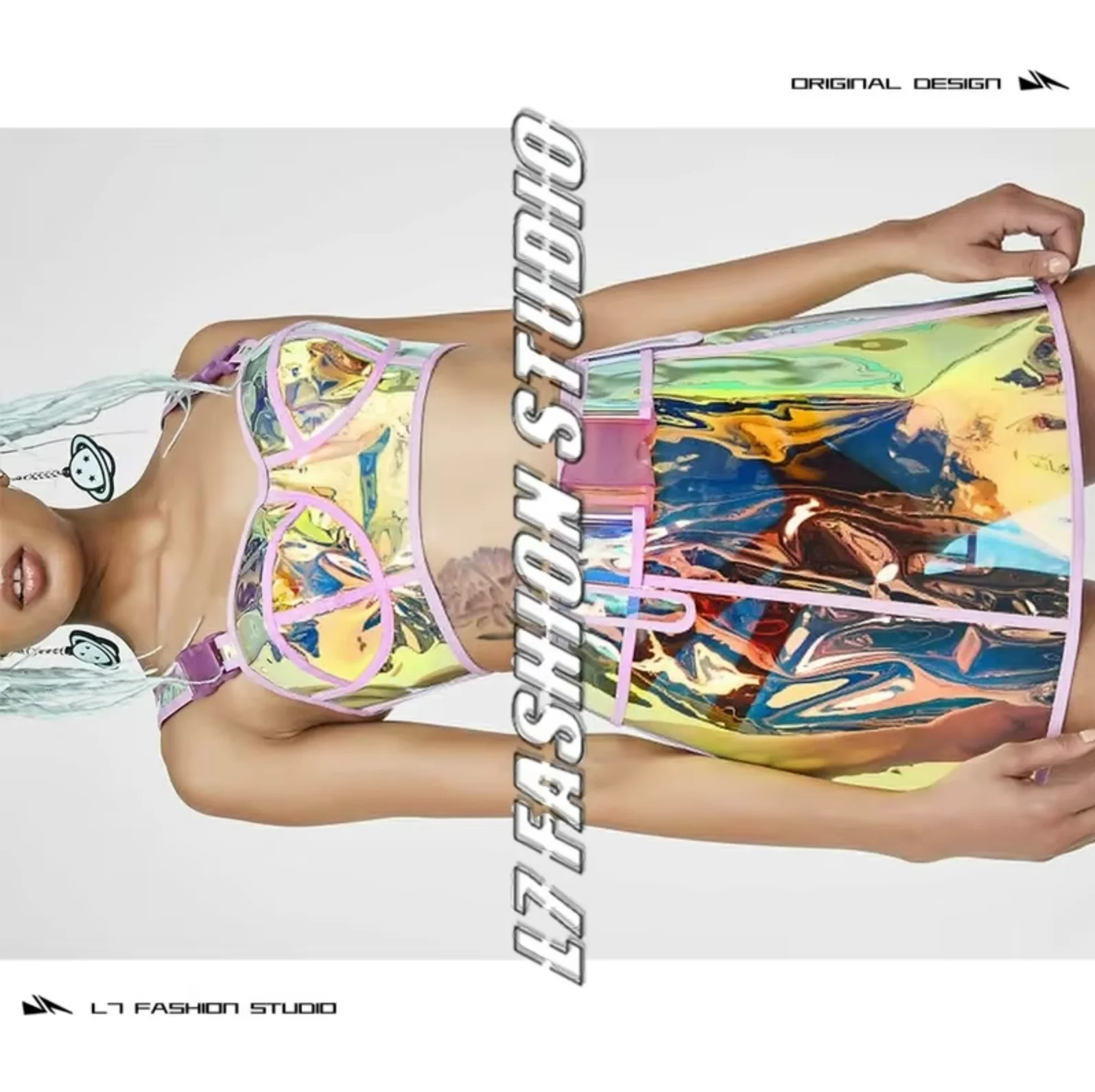 

Nightclub Start Auto Women Sexy Costumes Party Music Festival Laser Hologram Bra With Skirt Set Show Harajuku Holograhpic Skirt