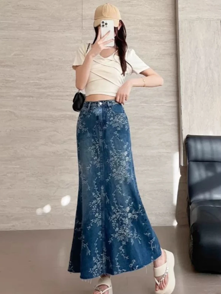 

Женская летняя юбка-миди А-силуэта из жаккардового денима премиум-класса с вышивкой, фасон «рыбий хвост», коллекция 2026 года