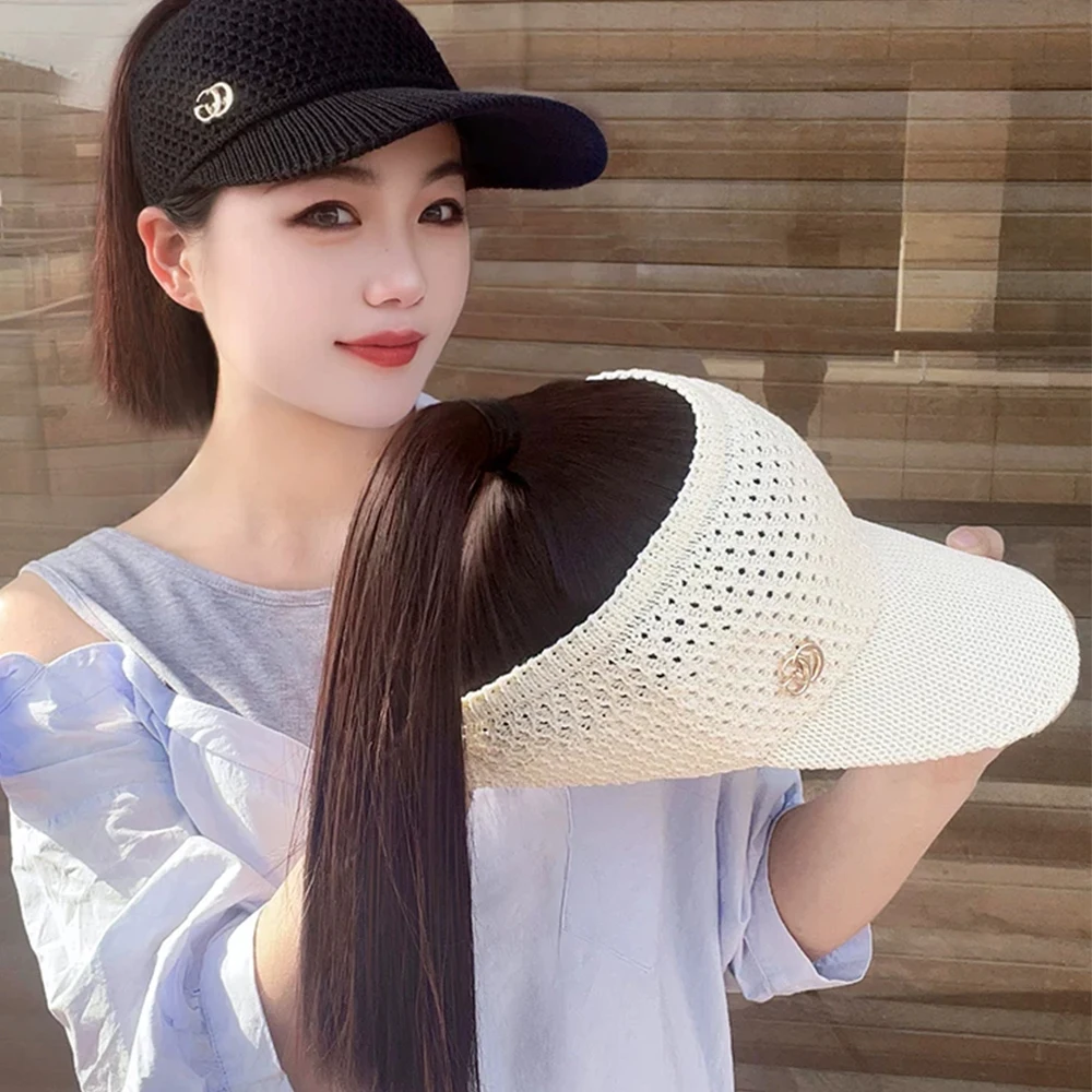 12inch Black hollow top hat corn bearded ponytail hat wig female wig heat-resistant fiber wig simple and natural to wear ﻿