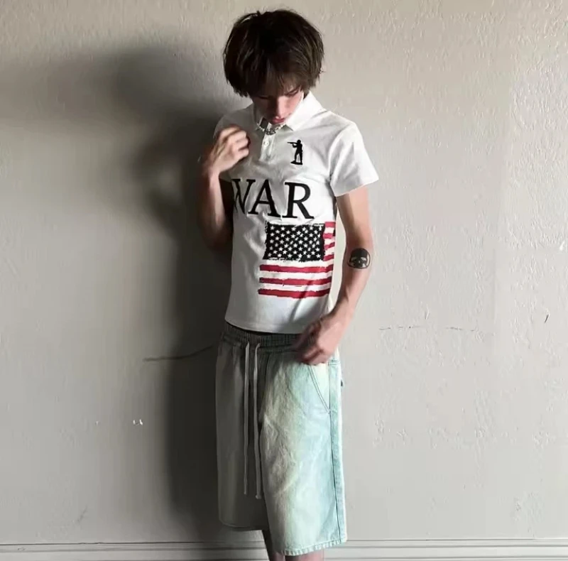 الرجال عارضة التطريز القطن أعلى ملابس البيسبول مسكون جبل قميص بولو أمريكا الرجعية الشارع الهيب هوب قصيرة الأكمام قميص Y2k