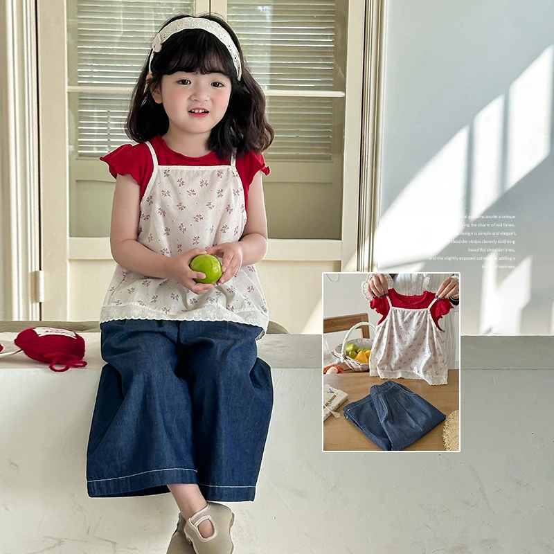 

Модный комплект для девочек, лето 2025, новый стильный жилет с цветочным принтом, широкие свободные джинсы и топ с короткими рукавами