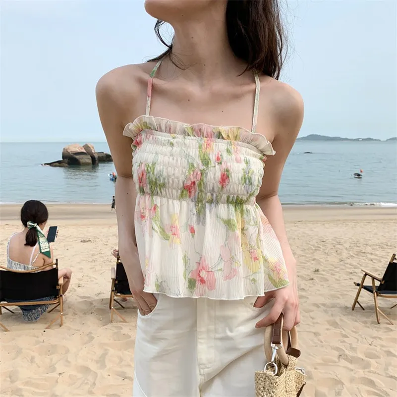 

Women Chiffon Sleeveless Tank Tops Summer Fresh Sweet Floral Print Camisole Sling Vest Cool Comfortable Seaside Vacation Style
