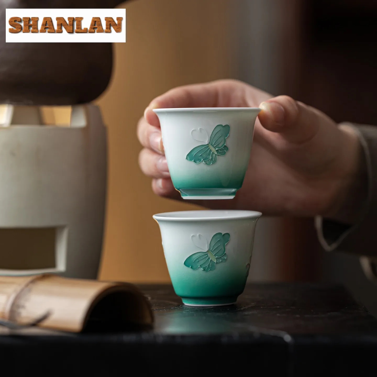 2 قطعة/الوحدة النعناع الأخضر كومة اللوحة فراشة فنجان الشاي الرجعية وعاء الشاي القدح الشاي تذوق التأمل كوب Chazhan ماستر أكواب الشاي 45 مللي #6