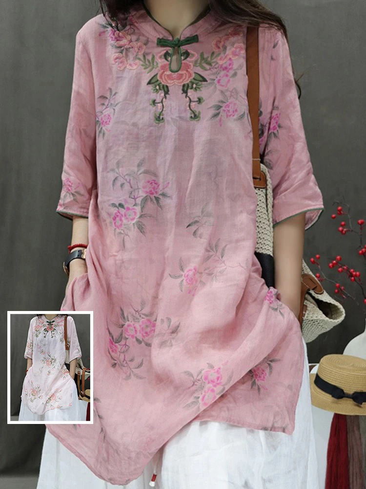 Retro cinese Sle Stampa in seta a cinque quarti Sve irt Colletto alla coreana da donna di grandi dimensioni Bottoni di media lunghezza con spacco Flor...