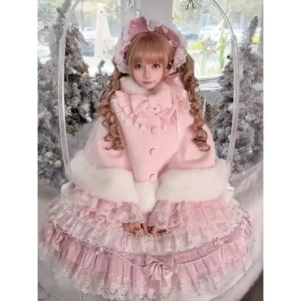 

Elegant Autumn Winter Sweet Bow Tie Coat Women Medium Long Cloak Coat Women Y2k Harajuku Hooded Jacket 2025 Female Chic New