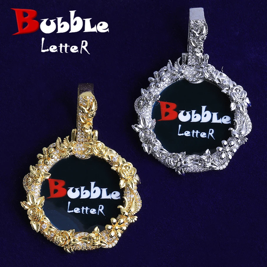 Bubble Letter Iced Out Dove Rose Flower Custom Picture Necklace Pendant for Men Real Gold Plated Cubic Zirconia Hip Hop Jewelry