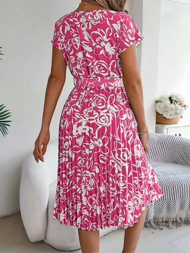 Imagen 2 del producto Vestido plisado de manga corta Floral elegante para mujer, vestido informal de corte A con cuello redondo, medio largo, para primavera y verano