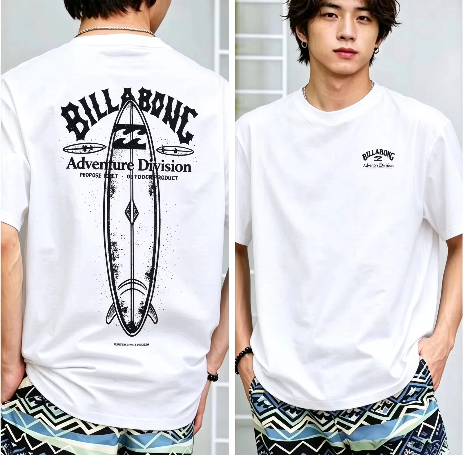 2026 New Surfing Oversized Unisex Streetwear Double Sided Surfboard Graphic T Shirt Retro Beach Surf Front Back Print Tee