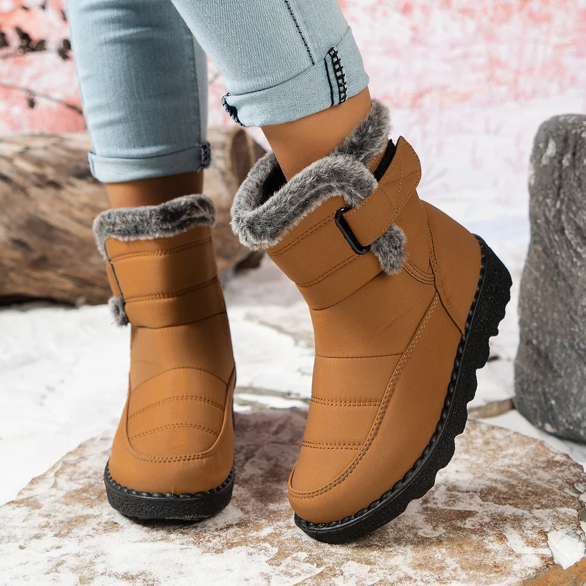 Motorcycle snow boots rabbit plush widened men women midsole cotton shoes waterproof cold resistant oversized shoes