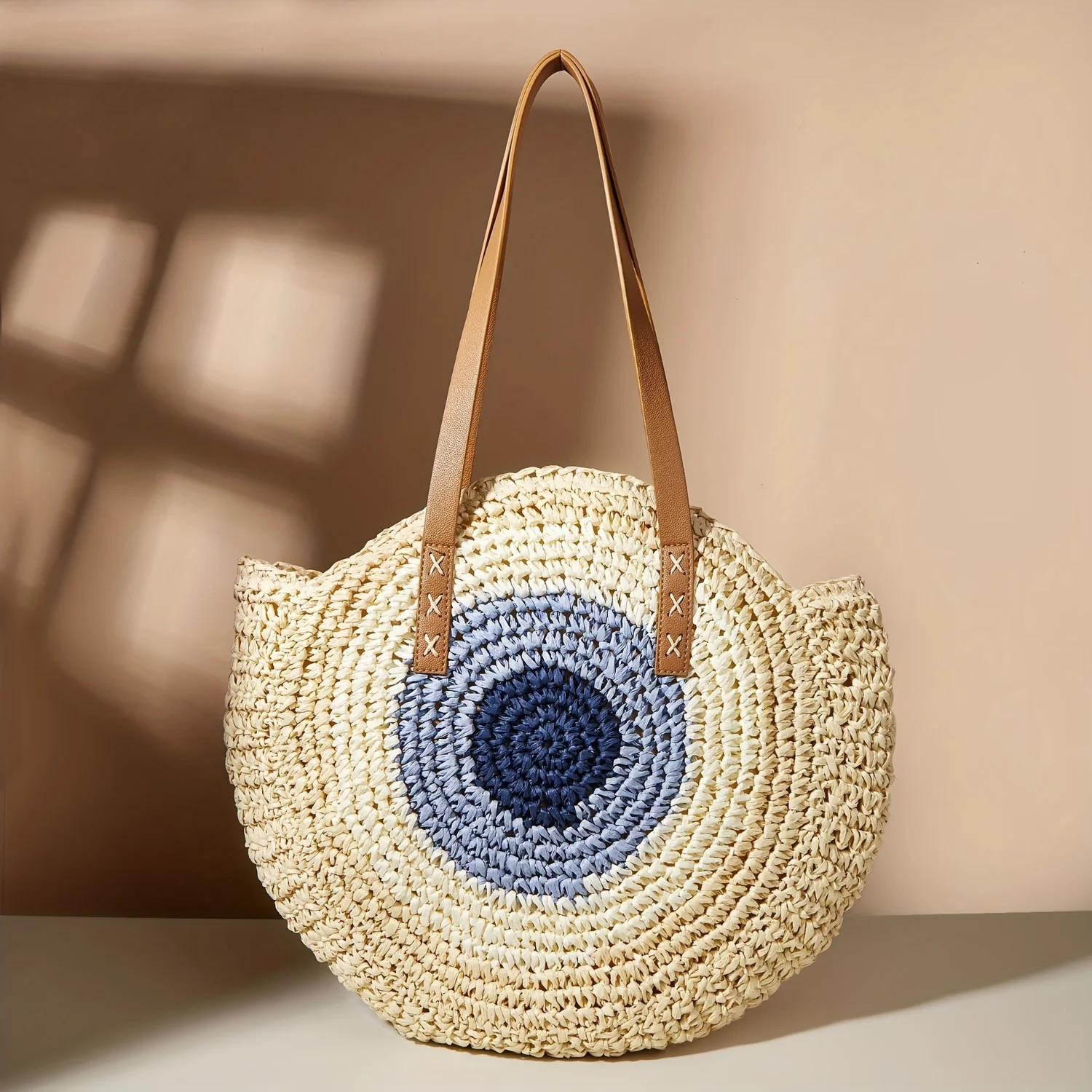 Contrast Straw Woven Tote Bag, Large Capacity Summer Beach Bag, Casual Travel Holiday Shoulder Bag
