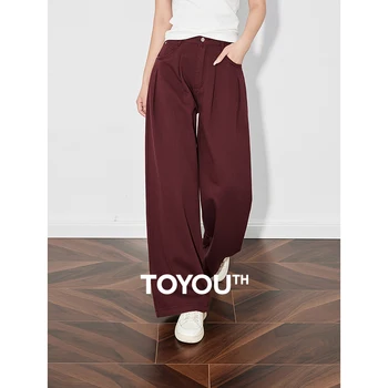 TOYOUTH 여성용 데님 청바지, 하이 웨이스트 와이드 레그 패션 롱 팬츠, 앙콜라 레드, 2025 용수철 신상