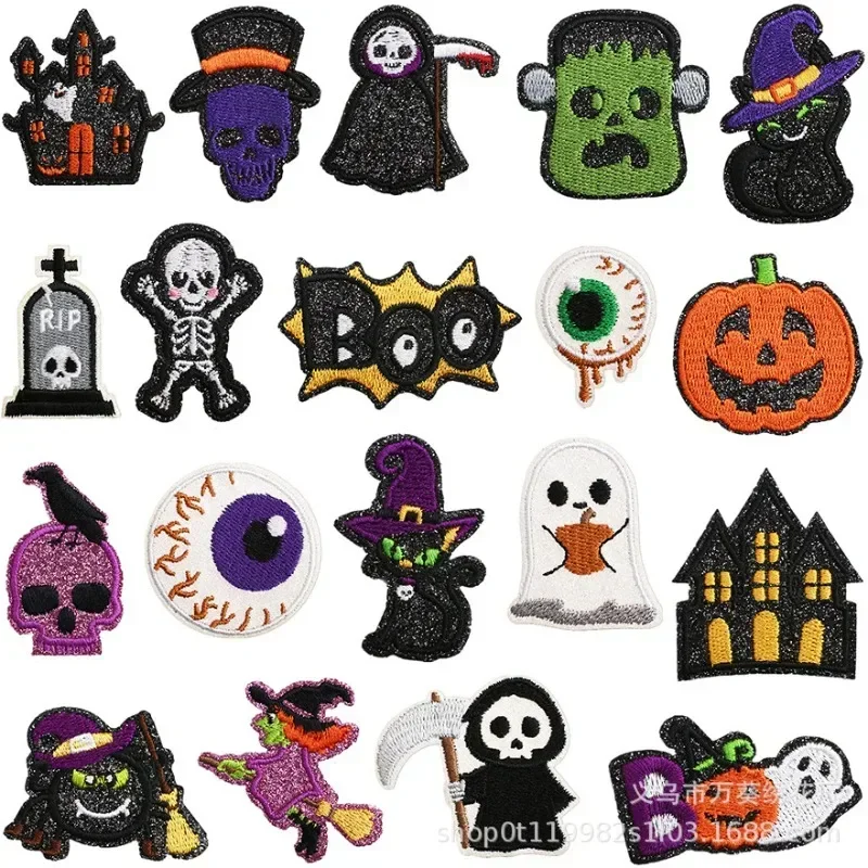 Horror Embroidery Cloth Sticker Glitter Powder Ghost Patch Sticker Cartoon Skull