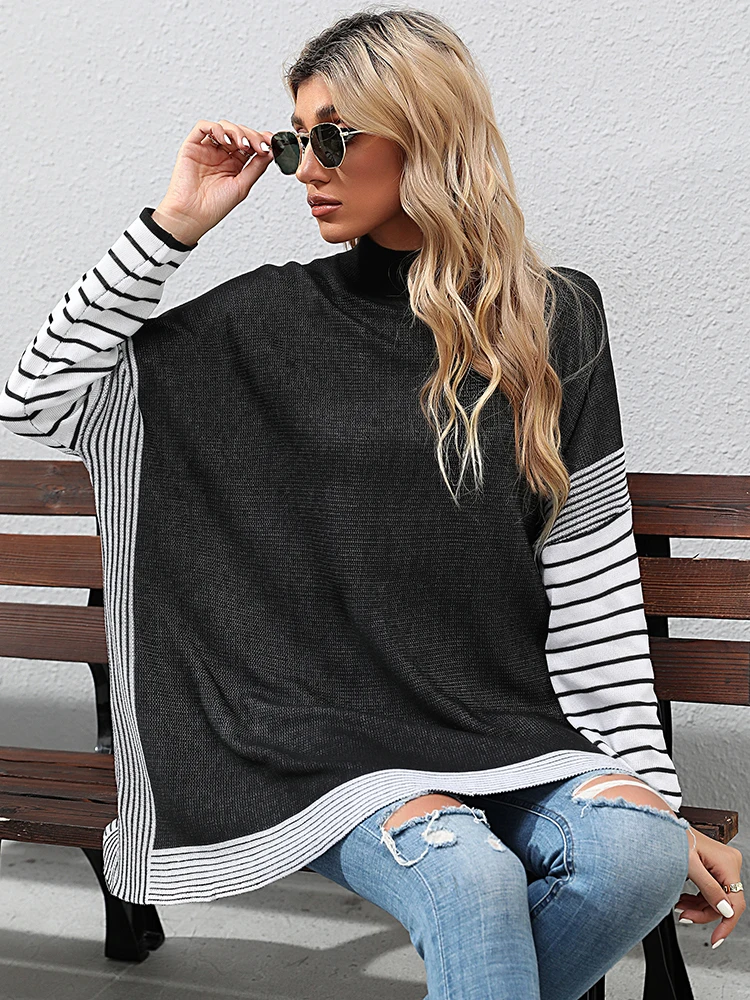 JIM & NORA Women's Bat Sleeve Stripes Semi -high-neck Sweater Knitwear 2023 Lazy Korean Fashion Sueter Mujer Loose Female Casual