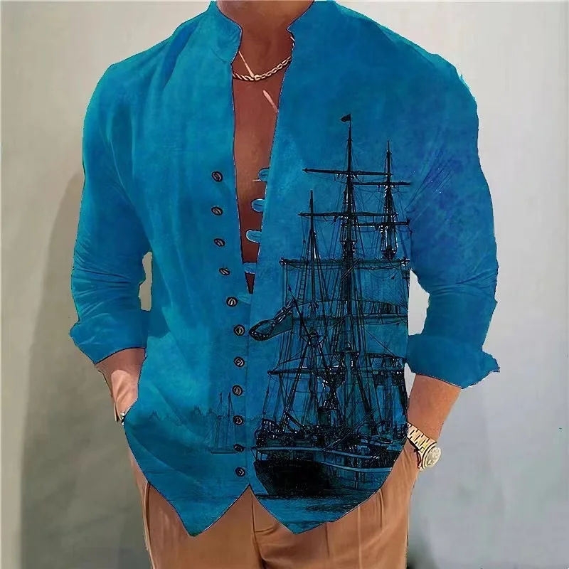 Spring Summer Sailboat Printin Hot Sale Men's Long-Sleeved Shirts Solid Color Stand-Up Collar  Casual Style Muslim Men Clothing