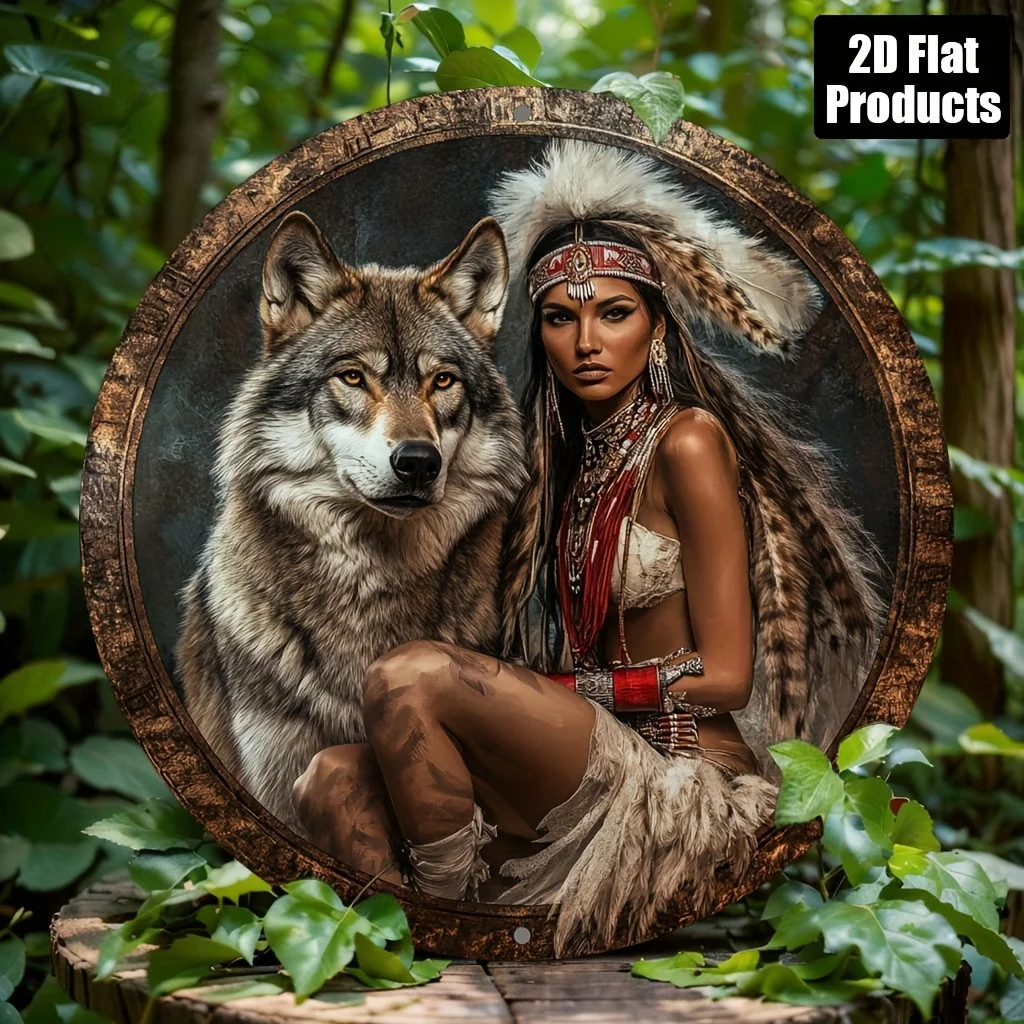 2D-Flachdruck, 1-teilig, kreisförmige Holzschilder, Wandkunst, Retro-Holzschild, Thema Schönheit und wilder Wolf