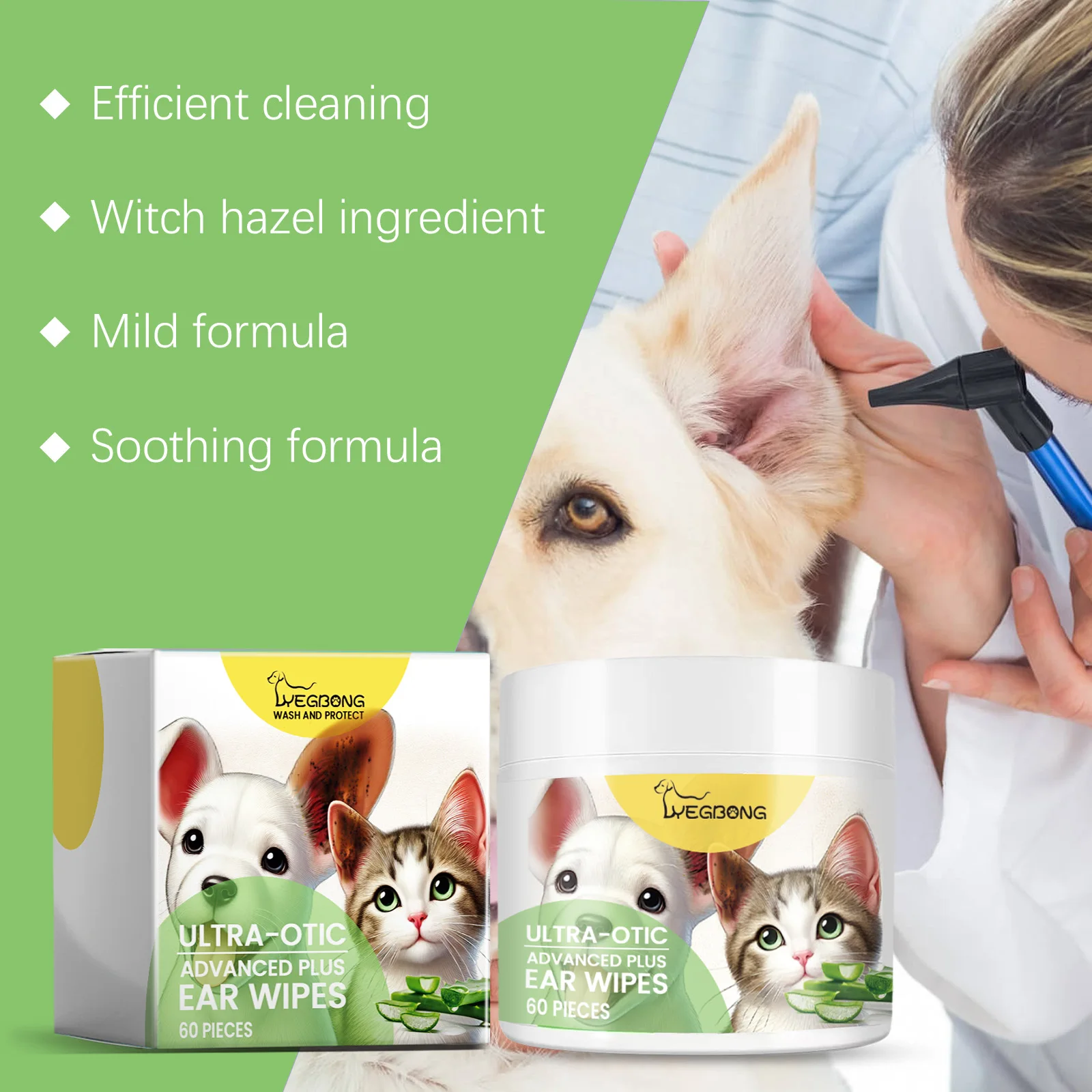 Pet Ear Cleaning Wipes Mild Soothing Remove Ear Discharge Swelling Ear Odor Itch Relief Hypoallergenic Pet Mild Wet Tissue 60pcs