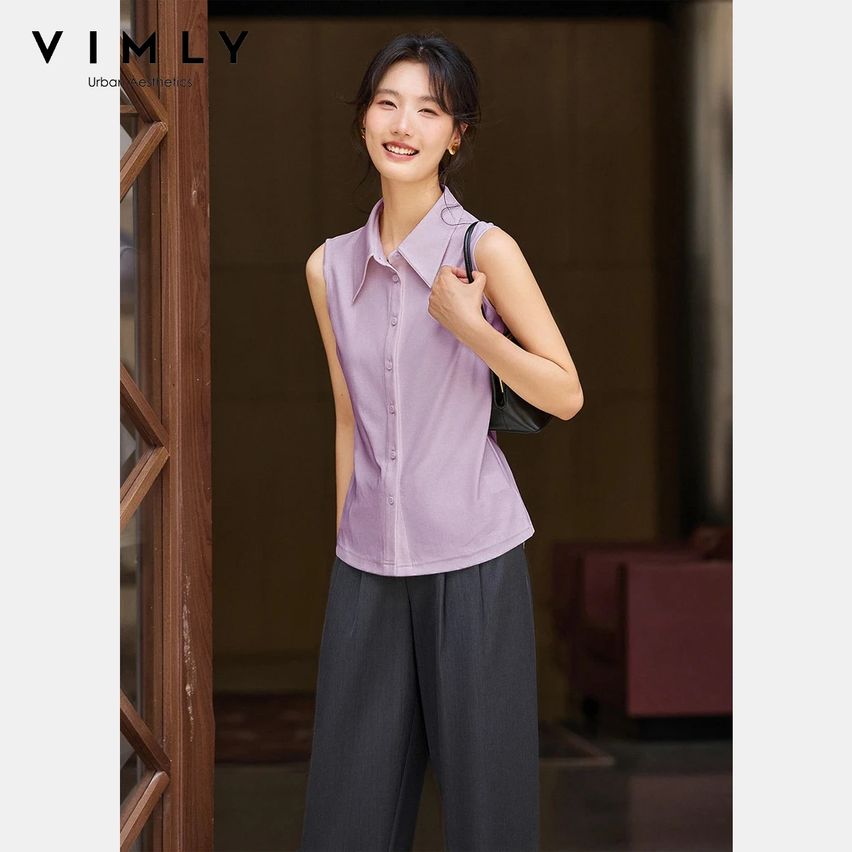 

Элегантная женская блузка VIMLY, весна 2026, трикотажная, с отложным воротником, без рукавов, повседневная, хлопковая, A2871