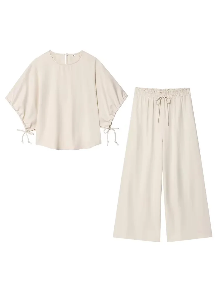 HH, camisa con cordones y cuello redondo con mangas abullonadas y botones a la moda para mujer + pantalones ajustados con cordón de cintura alta, conjunto liso de 2 piezas