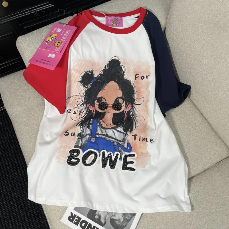 

Autumn New Product Original Design Color Matching Shoulder Ramp Short Sleeves T-shirt Female Cartoon Girl Print Crew Neck Top