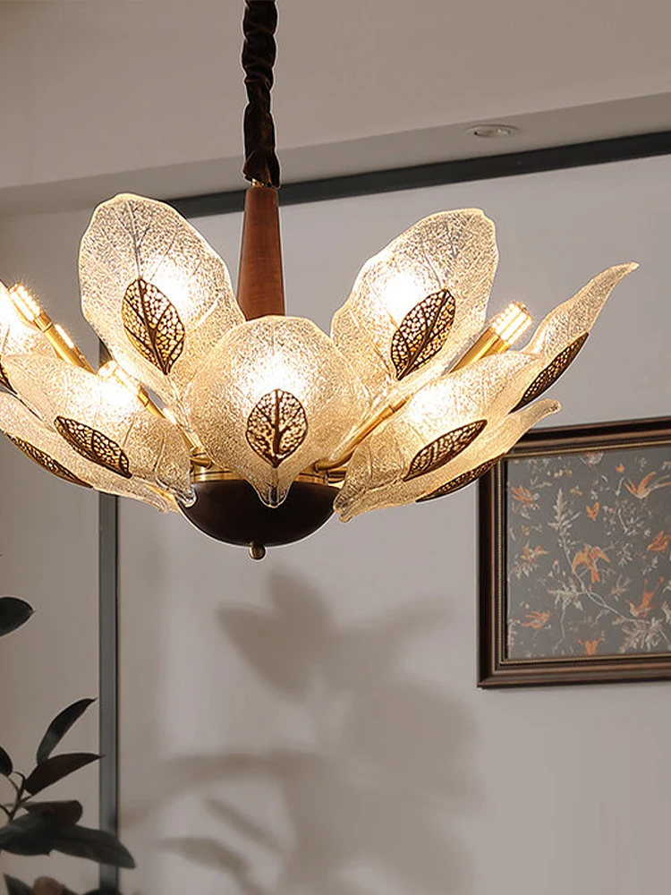 Natural Zen Aesthetic Chandelier Gold Leaf Ice Crack Glass Shades Walnut Wood Light Fixture Designer Hanging Lamps Living Room