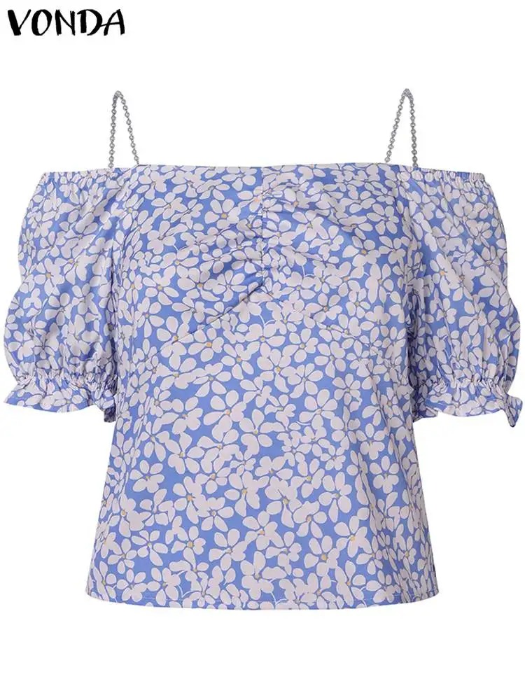 VONDA 2024 Summer Blouse Fashion Shirts Women Floral Printed Sexy Square Neck Short Sleeve Elegant Ruffled Tops Casual Blusas