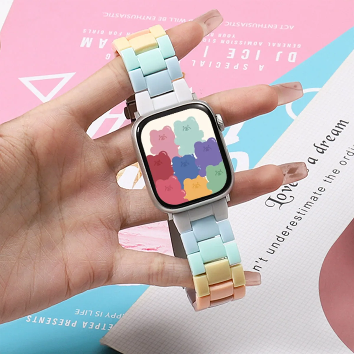 Candy Colored Resin Strap for Apple Watch 49mm 45mm 44mm 42mm 41mm 40mm 38mm Compatible with iWatch Series 9 8 7 se 6 5 3 Ultra