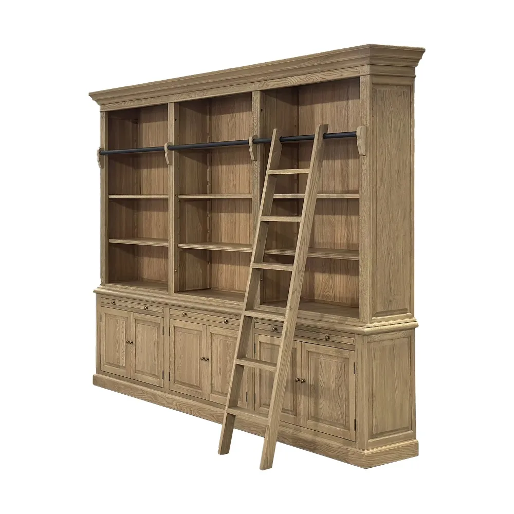 Rustic Antique Office Library Furniture Solid Oak Large Ladder Storage Wooden Bookshelf Bookcase