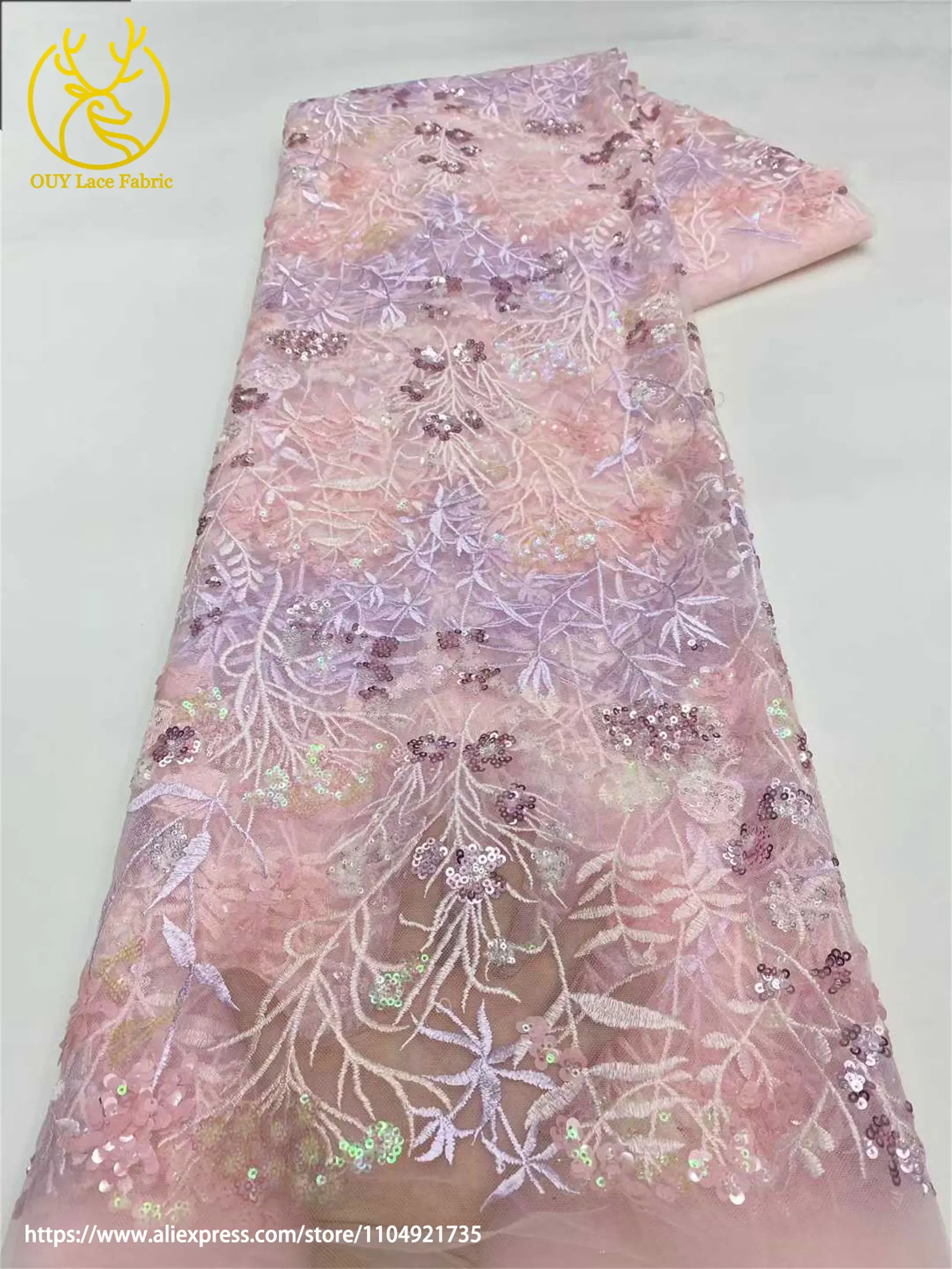2026 Afrikanischer bestickter Tüll-Spitzenstoff, 5 Yards, hochwertiger nigerianischer Pailletten-Spitzenstoff für Damen-Abendkleider – Detail 11