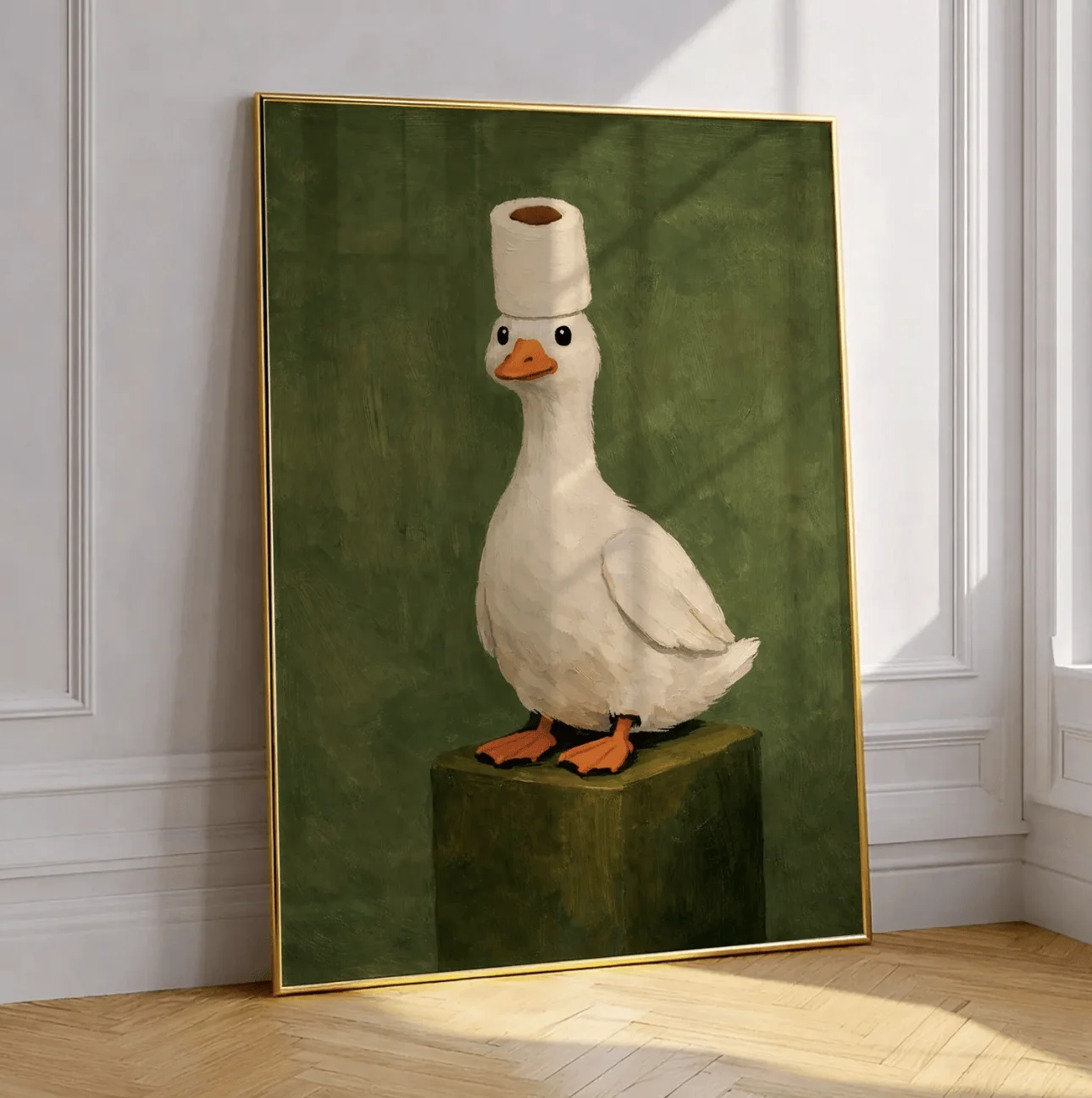 Quirky Duck Toilet Paper Canvas Prints, Funny Sage Green Animal Poster, Humorous Wall Art for Bathroom Bedroom Home Decor